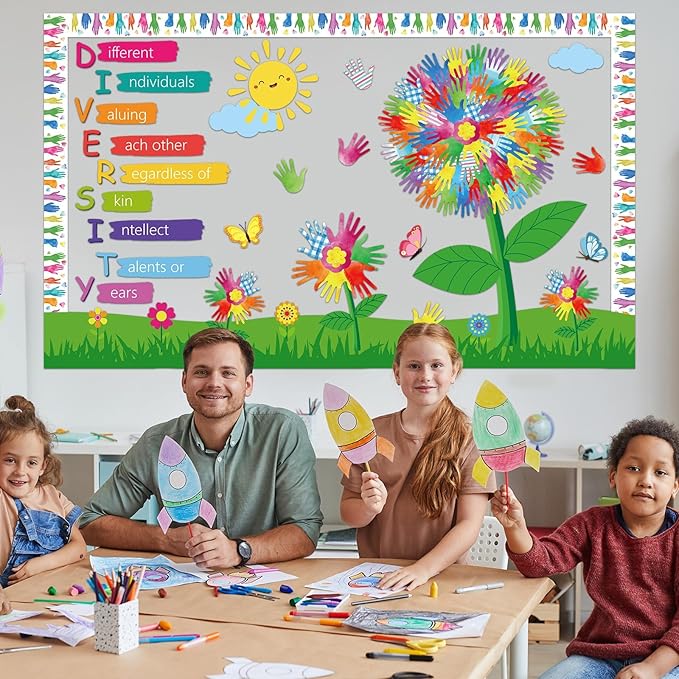 gisgfim Spring Diversity Handprint Flowers Classroom Bulletin Board Decorations Handprint Tree Paper Cutouts Watercolor Flower Bulletin Board Set for Back to School Student Office Wall Door Supplies