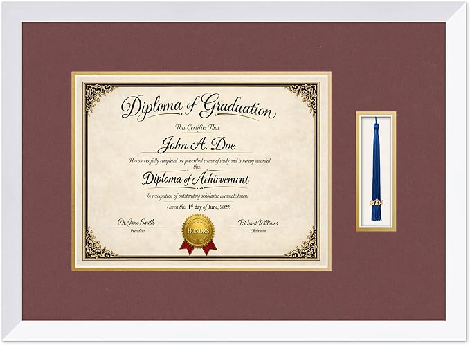 Diploma Frame with Tassel Holder Bright White Shadowbox Dark Red Over Gold Mat - Fits 13 x 10 Degree Made in the USA