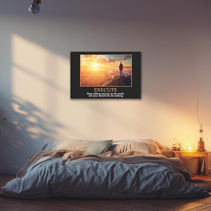 UZMKM - Inspirational Canvas Wall Art, EXECUTE Mindset Quotes Picture Prints, Success Framed Company Watching Sunrise Poster, Positive Quotes Wall Painting for Home Office Workplace 32x48 Inch