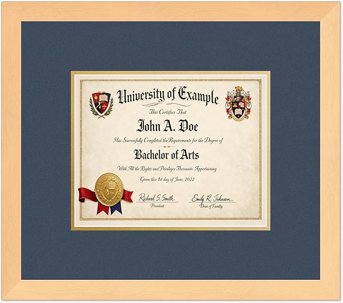 CountryArtHouse Diploma Frame Fits 10 x 8 Professional License - Keepsake Graduation Display Natural Wood Genuine Hardwood with Navy Blue Over Metallic Gold Double mat