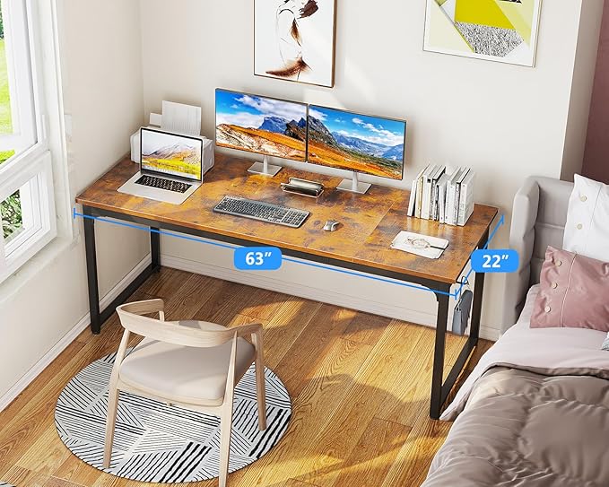 Casaottima 63 Inch Computer Desk for Home Office, Study Writing Table for Small Spaces, Simple Modern Desk with Headphone Hooks, Rustic Brown