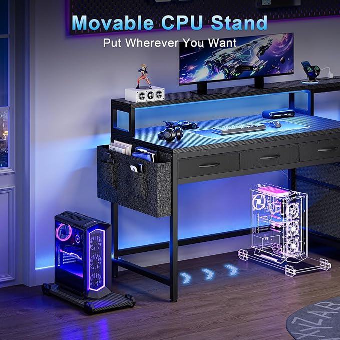 REAHOME 61 Inch Gaming Desk with Charging Station and LED Lights, Reversible Computer Desk with Storage Drawer and Monitor Stand, Modern Desk Table with File Cabinet & Side Pocket, Carbon Fiber Black