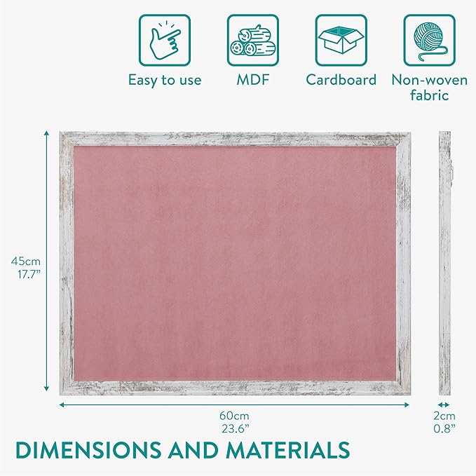 Navaris Framed Fabric Bulletin Board - 18 x 24 inches Plush Jewelry Organizer Pinboard for Wall - Memory Pin Board - Pink with White Rustic Frame