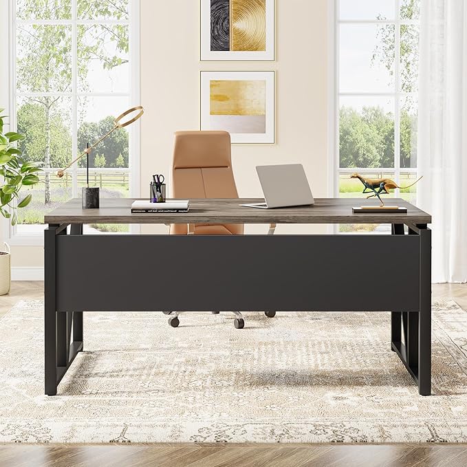 Tribesigns 55 inches Computer Desk with Bottom Storage Shelf Home Office Desk Writing Table for Workstation,Dark Walnut + Steel Leg， Cabinet not Included (Dark Oak, 55-inch -with Shelf)