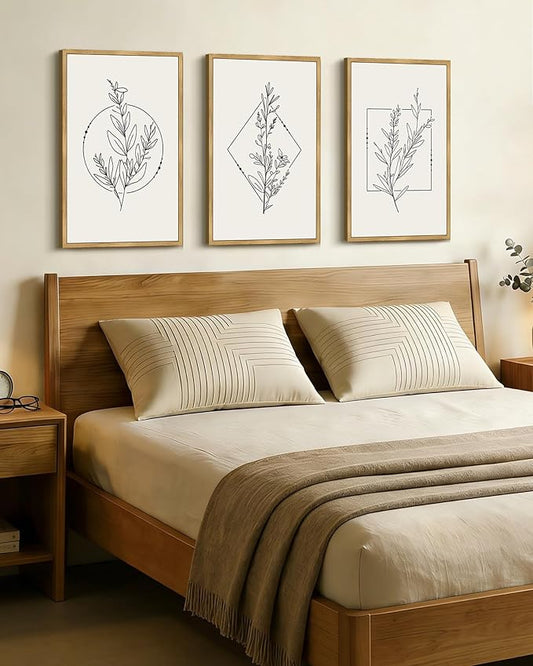 Drsoum Minimalist Flower Wall Art Vintage Wall Hanging Decor Black Line Botanical Prints Artwork for Bedroom Living Room Hallway 16x24in Natural Framed
