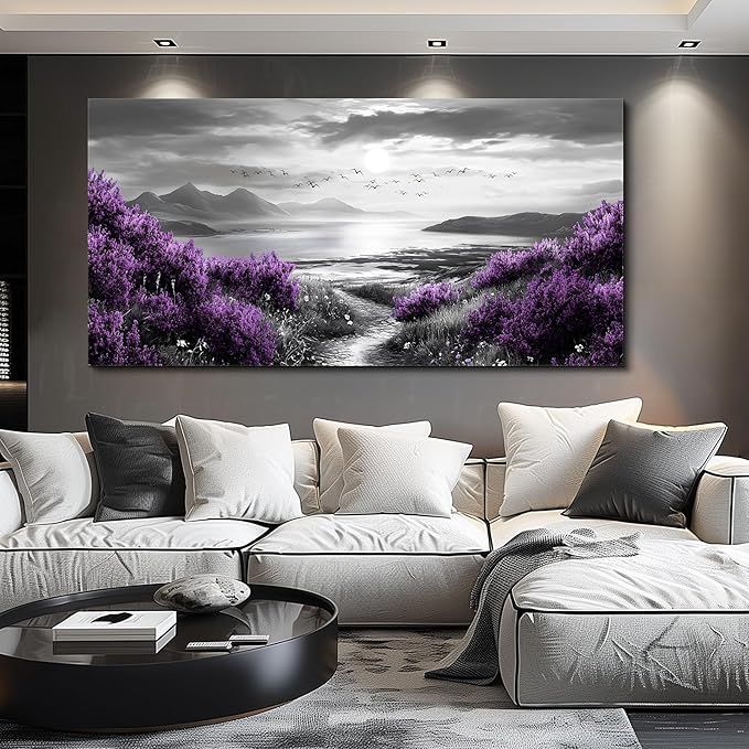 Canvas Wall Decor for Bedroom Large Wall Art for Living Room Modern Office Wall Decoration Purple Flowers Landscape Paintings Black and White Scenery Pictures Artwork Aesthetic Home Decor