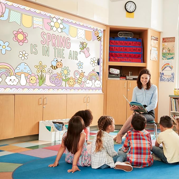 Spring Bulletin Board Decorations Set Spring is in The Air Bulletin Boarder Pastel Flower Butterfly Rainbow Paper Cutouts for Holiday School Classroom Home Office Chalkboard Window Wall Party Decor