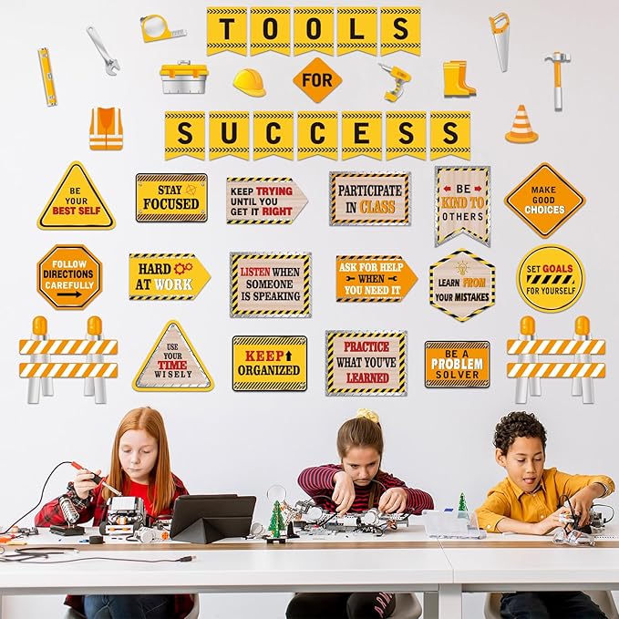 Outus 47 Pcs Construction Bulletin Board Set Construction Cutouts Tools for Success Classroom Decorations for Kid Students Back to School Gifts Birthday Party Supplies