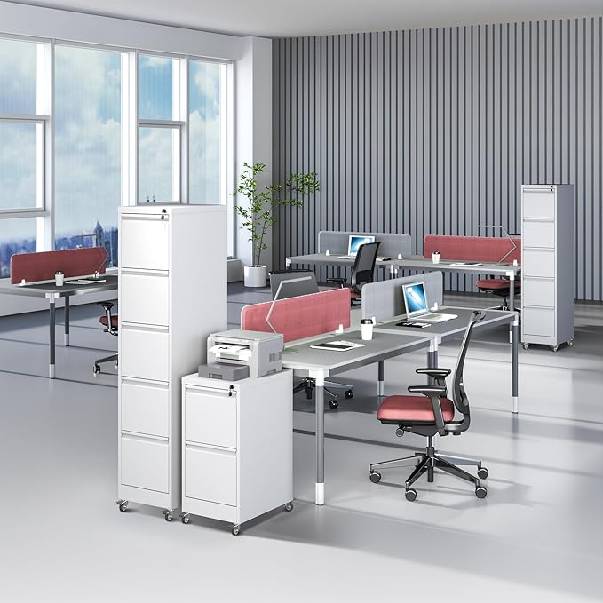 5 Drawer File Cabinet with Wheels, Metal Mobile File Cabinet with Lock, Rolling Filing Cabinet Home Office for Hanging File Folders, Letter Size, Legal Size, A4 Size, Require-Assembled, White