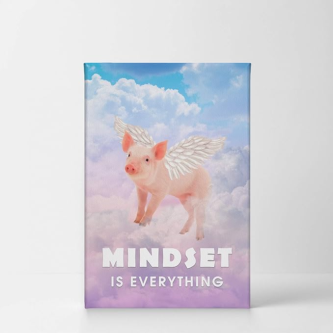 Smile Art Design Mindset is Everything Cute Pig with Wings Flying in Sky Motivational Canvas Wall Art Inspirational Wall Art Entrepreneur Quote Print Office Living Room Decor Gift Ready to Hang 17x11