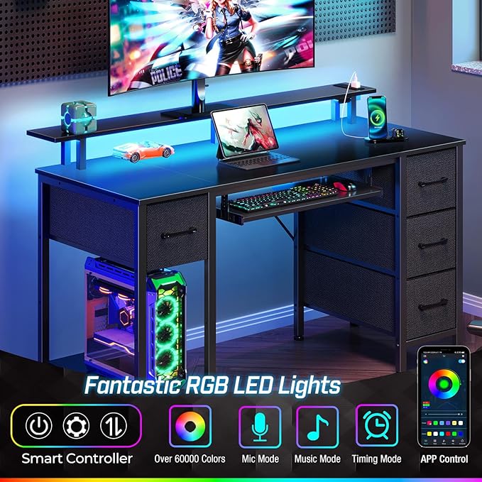 Seventable Computer Desk 47.2" with LED Lights & Power Outlets, Home Office Desk with 4 Drawers, Writing Desk with Keyboard Tray, Study Table with Monitor Stand, Work Desks for Home Office, Black