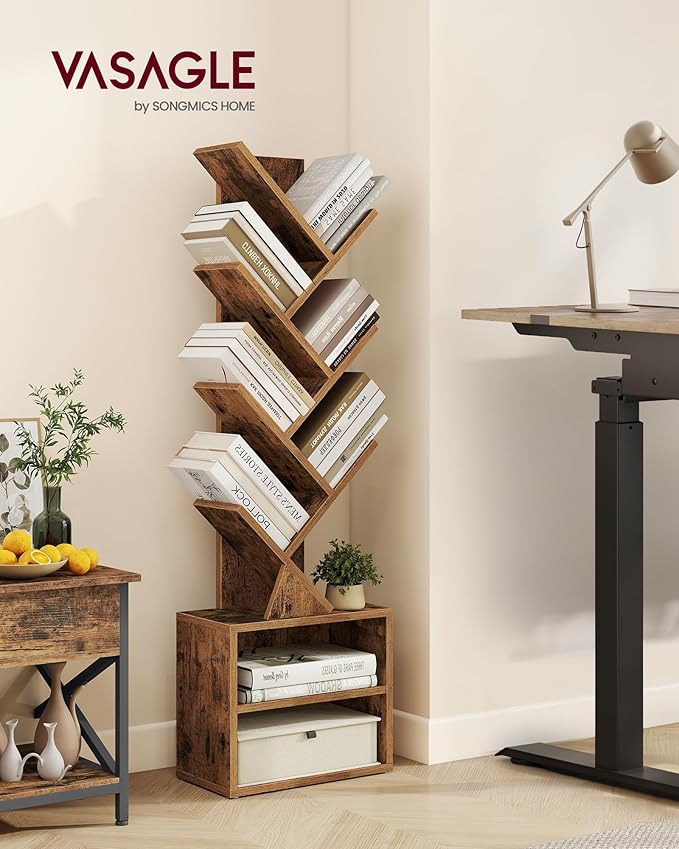 VASAGLE Custos Collection - Tree Bookshelf, Modern Bookcase, Floor Standing Book Shelf, for Bedroom, Living Room, Home Office, 2 Open Compartments, 8 x 15 x 48.5 Inches, Rustic Brown ULBC607K01