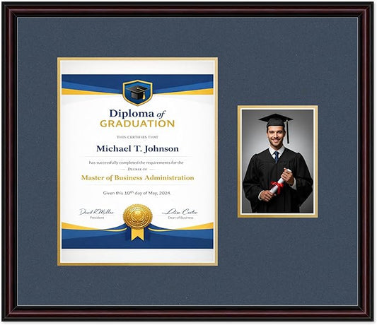 Diploma Frame With Photo Opening Executive Brown Navy Blue Over Gold Mat - Fits 10 x 13 Degree and Picture Made in the USA