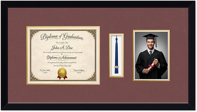 Diploma Tassel and Photo Frame Matte Black Shadowbox Dark Red Over Gold Mat - Fits 10 x 8 Degree Picture Made in the USA