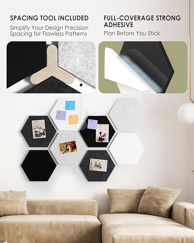 MaxGear 8Pcs Large Hexagon Felt Cork Board Tiles, Grey Self-Adhesive DIY Bulletin Board Pin Board for Office School Home Wall Decor Stickers Photos Display Memos