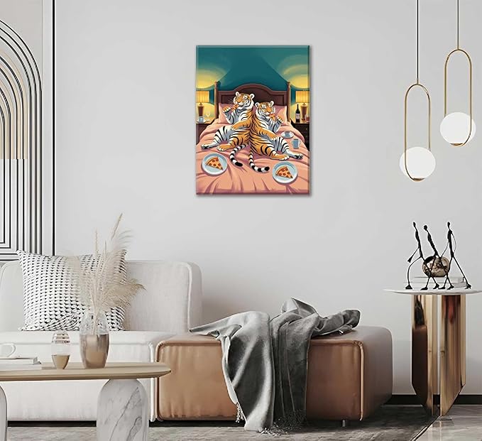 Funny Tiger Canvas Wall Art Fun Tiger Couple Enjoying Pizza In Bed Wall Decor Whimsical Animal Pictures Painting Humorous Decoration Poster Print for Quirky Bedroom Living Room Dining Hall Framed
