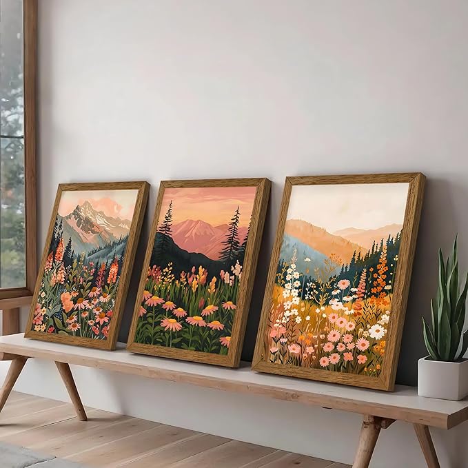 InspiredHues Colorful Landscape Boho Canvas Wall Art Set, 3 Piece Wildflower Mountain Wall Decor, Vintage Floral Rustic Nature Artwork Prints for Living Room Bedroom Office 16x24 Inch Wood Framed