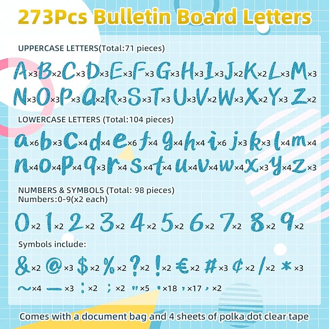 273 Pcs 4 Inch Glitter Bulletin Board Letters Set - Poster Board Letter Cutouts with Alphabet, Symbols, Numbers, Storage Bag - Classroom Decor, DIY Projects, Teacher Supplies, Office (Blue)