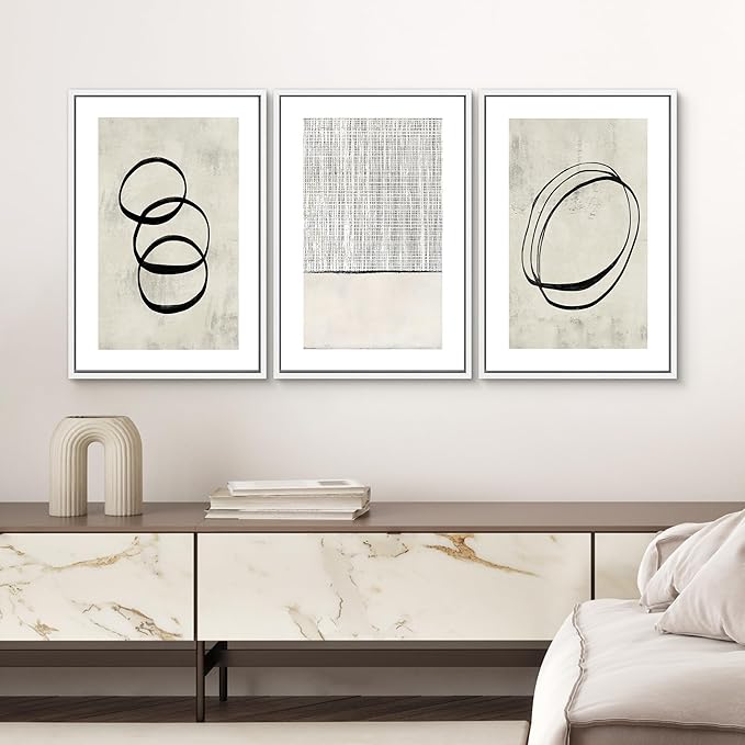 SIGNWIN Framed Canvas Print Wall Art Set Geometric Ring Grid Landscape Graffiti & Street Art Abstract Cozy Neutral Modern Art Decorative Nordic for Living Room, Bedroom, Office - 16"x24"x3 White