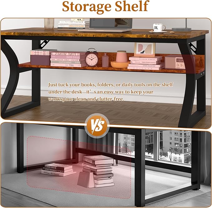 47 inch Computer Desk, Home Office Desk with Storage Shelf, Sturdy U-Shaped Metal Frame Study Table with Cable Management, Gaming Desk for Office & Bedroom