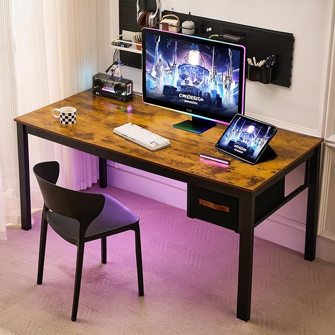 Computer Desk with Drawer, 63 Inch Large Home Office Work Desks, Modern Writing Study PC Desk Gaming Table for Bedroom Home, Stable Thick Metal Legs Frame Support （Rustic Brown）