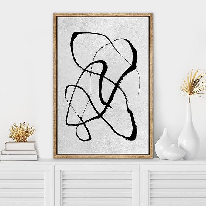 SIGNWIN Framed Canvas Print Wall Art Mid-Century Dark Paint Stroke Swirls Abstract Shapes Illustrations Modern Art Minimal Multicolor for Living Room, Bedroom, Office - 16"x24" Natural