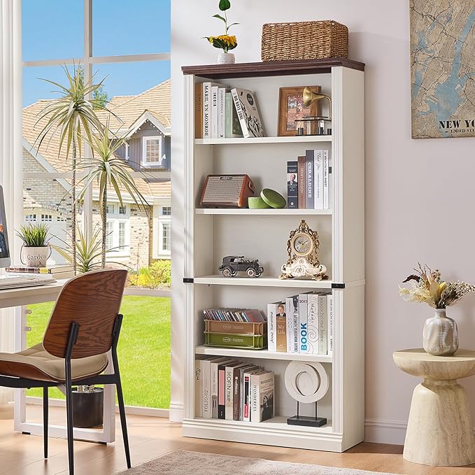 70" White Tall Bookshelf Set of 3,5-Tier Thick Wooden Book Shelf with Adjustable Shelves,Free Standing Farmhouse Bookcase with Open Display Storage,Floor Vintage Bookshelves for Living Room