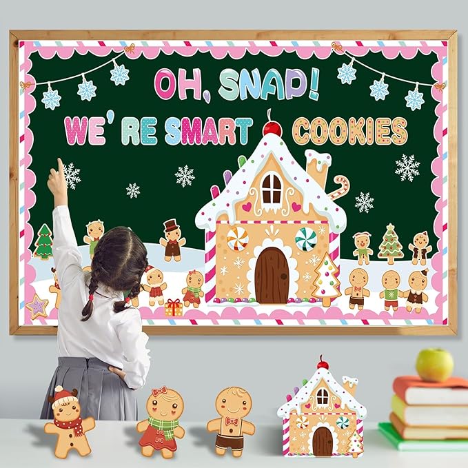 Christmas Gingerbread Bulletin Board Decorations Set with Borders Winter Xmas Holiday Classroom Decor for Teachers Gingerbread Man House Cutouts for Class School Classroom Bulletin Board Decoration