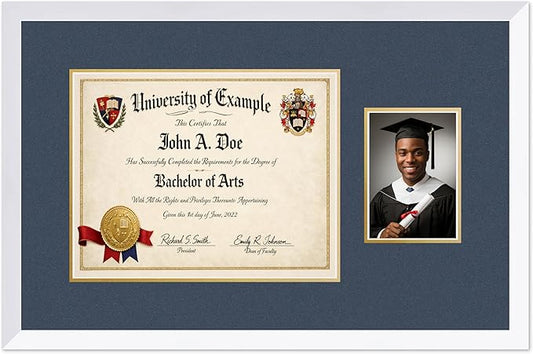 CountryArtHouse Fits 14 x 11 College Diploma (Modern) and 5 x 7 Photo Diploma and Photo Frame Bright White Genuine Hardwood with Navy Blue Over Metallic Gold Double mat