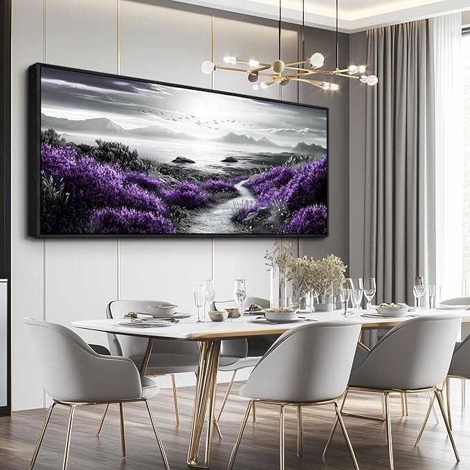 FUHAIHUA Canvas Wall Art For Living Room Wall Decor For Bedroom Office Wall Decoration Purple Flowers Landscape Painting Black And White Pictures Artwork Room Aesthetic Home Decor 32x72 In