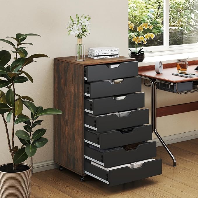 7 Drawer File Cabinet, 34.5" Vertical Storage Drawer Cart, Under Desk Office Organizer, Wooden Printer Stand, Rolling Filing Cabinet for Home Office (Rustic Brown)
