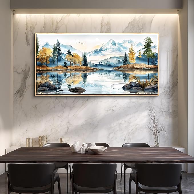 ERQINHUA Large Canvas Wall Art for Living Room Wall Decor for Bedroom Office Mural Abstract Watercolour Paint Tree Lakeside Landscapes Picture Artwork Home Decor Ready to Hang Wood Framed 24x48 In