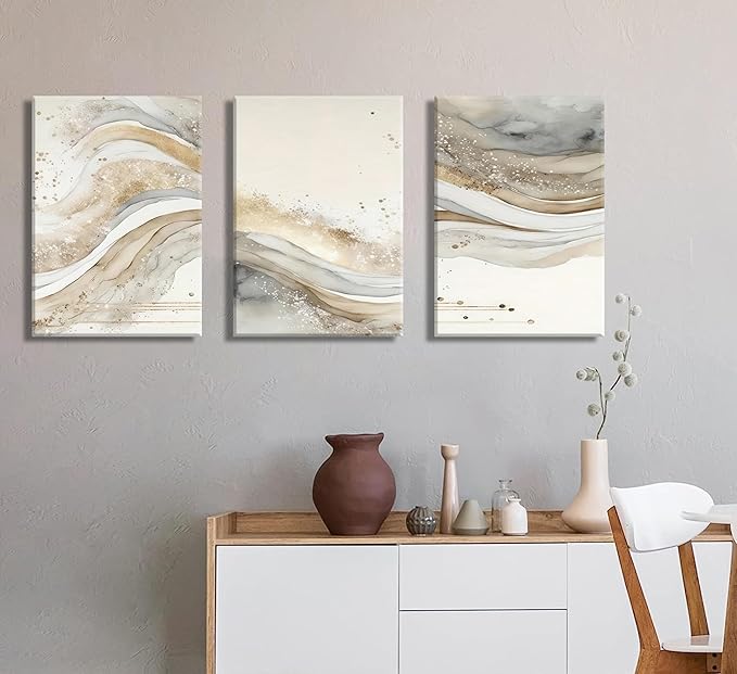 3Pcs Gold Abstract Marble Canvas Wall Art Modern Grey and Gold Fluid Painting Picture Wall Decor neutral Marble Poster Print Artwork for Bedroom Living Room Office Hotel Home Decoration