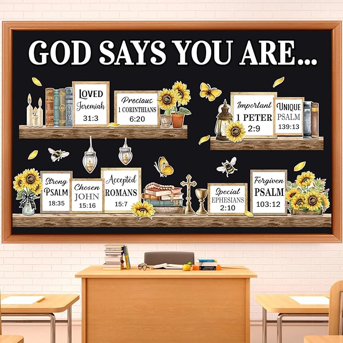 Qilery Sunflower Faith Bulletin Board Decorations Set, Cardstock Religious Wall Cutouts, Bulletin Board Borders & Letters, Christian Office Inspirational & Church Classroom Decor Kit, Adhesive Dots