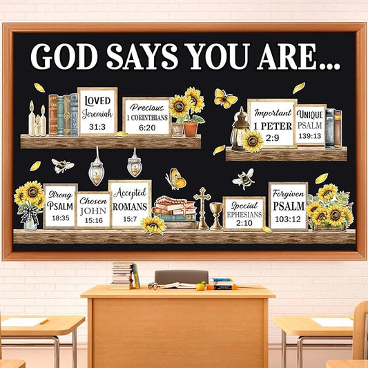 Qilery Sunflower Faith Bulletin Board Decorations Set, Cardstock Religious Wall Cutouts, Bulletin Board Borders & Letters, Christian Office Inspirational & Church Classroom Decor Kit, Adhesive Dots