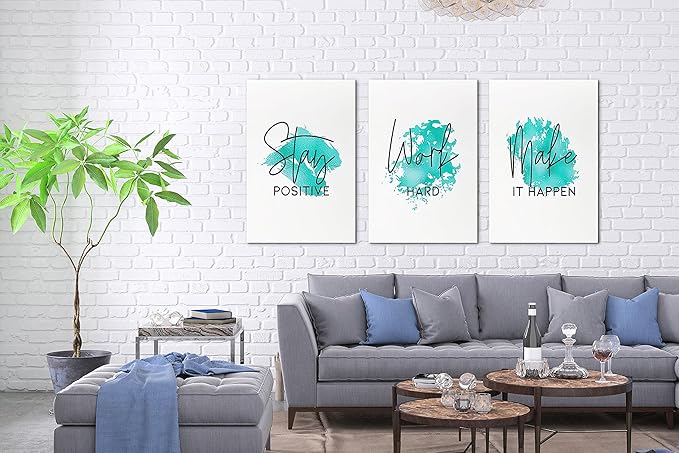SHMAO Teal Office Canvas Wall Art Motivational Wall Decor, 3 Piece Stay Work Make Print Pictures for Office Wall Decor Women Inspirational Framed Artwork Home Office Decor 20”x30”x3 Panels