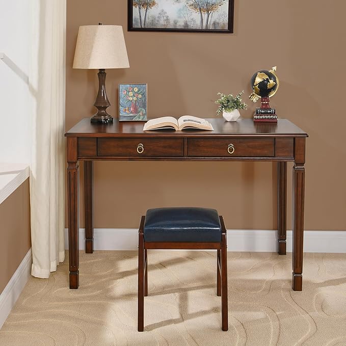 Computer Writing Desk with 2 Storage Drawers, 46"W French Provincial Corner Desk Table with Carved Legs, Solid Wood Large Vanity Dressing Desk, Home Office Table,Easy Assembly, Dark Cherry BSZ-D1258