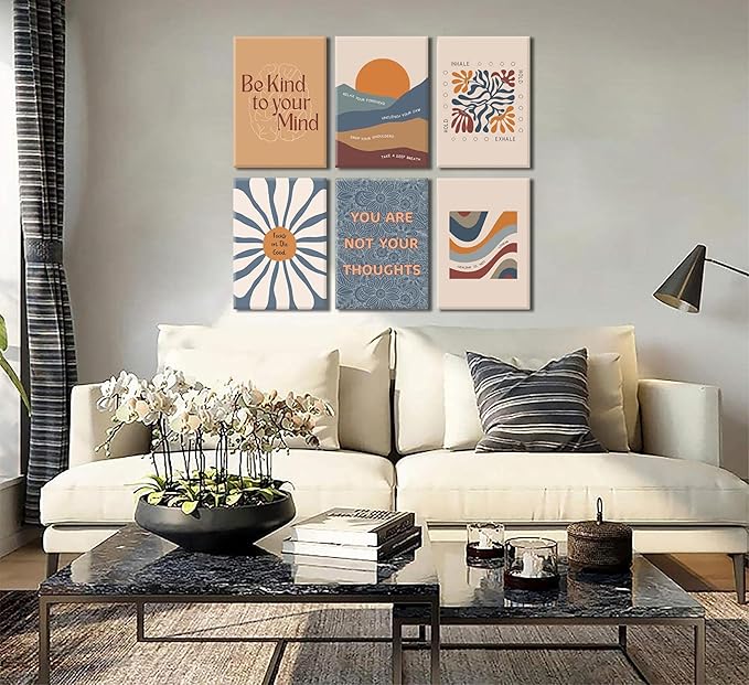 6Pcs Mental Health Wall Art Motivational Psychology Canvas Painting Therapy Office Pictures Wall Decor Boho Style Inspirational Positive Quotes Posters Prints for Home Counseling Office Framed