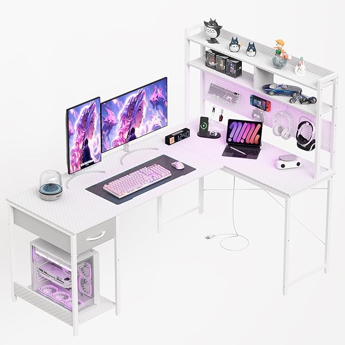 Apicizon L Shaped Gaming Desk 53", Reversible Corner Computer Desk with LED Lights, Carbon Fiber Surface, Pegboard with Hooks, Drawer & PC Tower Stand, USB Charging Port