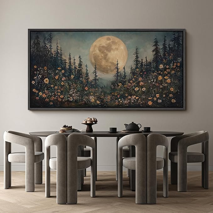SIGNFORD Extra Large Framed Canvas Moonlit Forest with Wildflowers Mystical Illustrations Modern Art Calm Warm for Living Room, Bedroom, Office - 60"x30"