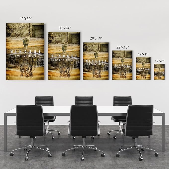 Smile Art Design Mindset is Everyting Cat and Reflection is Tiger Motivational Wall Art Canvas Print Inspirational Entrepreneur Quote Office Living Room Decor Gift Ready to Hang 17x11