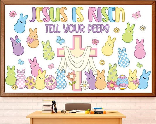 Easter Jesus Bulletin Board Set Easter Egg Bunnies Religion Cross Classroom Decoration Jesus is Risen Bulletin Board Candy Rabbit Flower Spring Cutouts for Sunday School Church Chalkboard Wall Decor