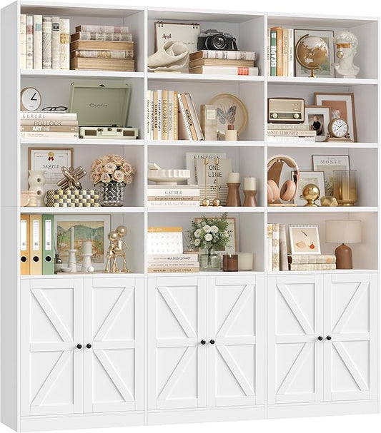 FACBOTALL 75" Triple Wide Bookshelf, White Bookshelf and Bookcase with 6 Farmhouse Doors, 71" Wide 6 Tier Book Shelf with 18 Storage Shelves, Large Wooden Bookshelves, Tall Bookcase for Office, White