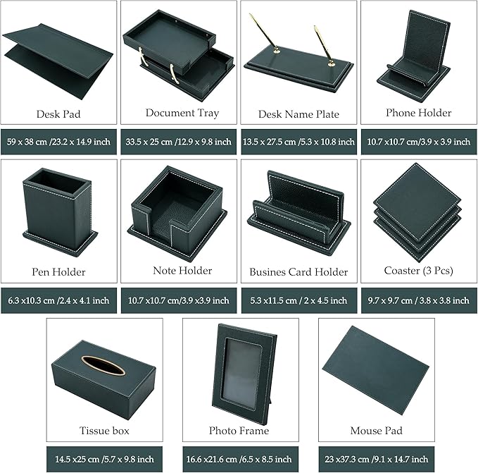 Leather Desk Set, 15-Piece Leather Desk Organizer, Executive Desk Organizer with Desk Pad & Blotter, 2-Tier Tray, Pen Holder, Office Accessories, Executive Desk Accessories(Green)