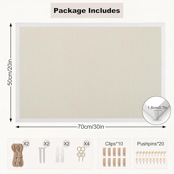 Cork Board with Linen, 30" x 20" Double-Sided Bulletin Board Corkboard for Wall Picture Display Framed Vision Boards for Home Office School Pin Boards with 20 Pushpins &10 Clips