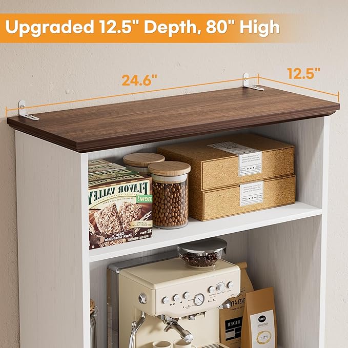 Cyclysio 80" Tall Bookcase, Farmhouse Bookshelves with Drawer and Doors, Floor Standing 6 Shelf Display Storage Cabinet for Home Office, Living Room (1, Antique White/Walnut)