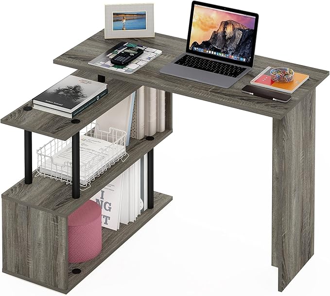 Furinno Moore L-Shape Computer Desk with 3-Tier Shelves, French Oak