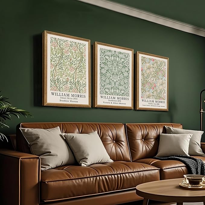 SYWENNOI 3 Pieces William Morris Textured Canvas Wall Art, Pink Beige and Sage Green Neutral Botanical Designs Wall Decor, Vintage Floral Art Prints for Living Room Bedroom Offices 16x24 Wood Frames