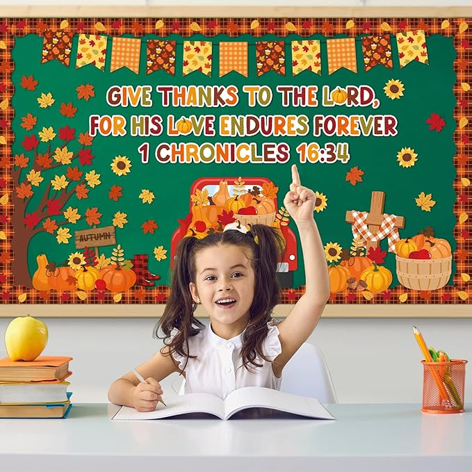 gisgfim Fall Thanksgiving Bulletin Board Decorations Give Thanks to The Lord Religious Paper Cutouts Fall Pumpkin Maple Leaf Bulletin Board Set for Autumn Harvest Thanksgiving Classroom Decor Supplies