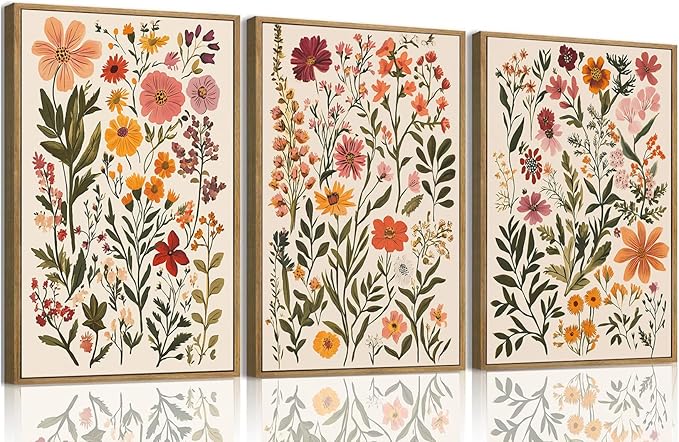 KISSFOX 3 Piece Boho Floral Canvas Wall Art For Bedroom Cottagecore Wild Flower Framed Wall Art Colorful Nature Modern Botanical Art Prints For Nursery Living Room,12x16 in